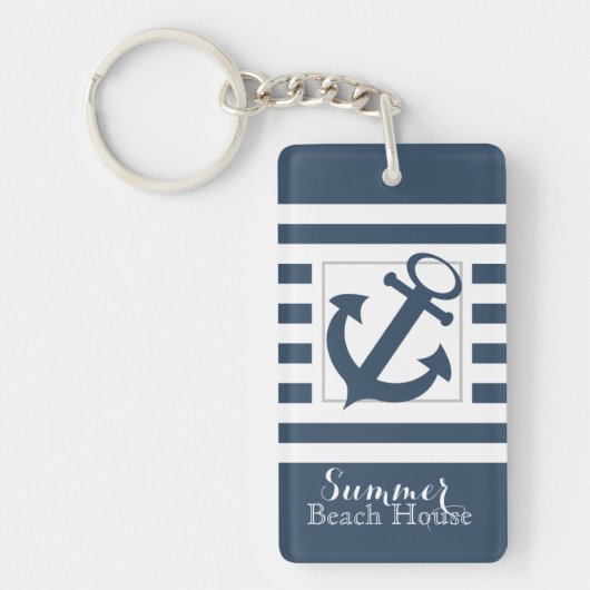 Nautical Navy Blue Stripe Beach House Sleutelhanger (Voorkant)