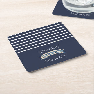 Nautical Navy Blue Stripe Lake House Name Kartonnen Onderzetters