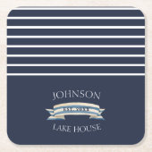 Nautical Navy Blue Stripe Lake House Name Kartonnen Onderzetters (Voorkant)