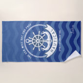Nautical Navy Blue Stripe Waves Boat Wheel Strandlaken (Voorkant)