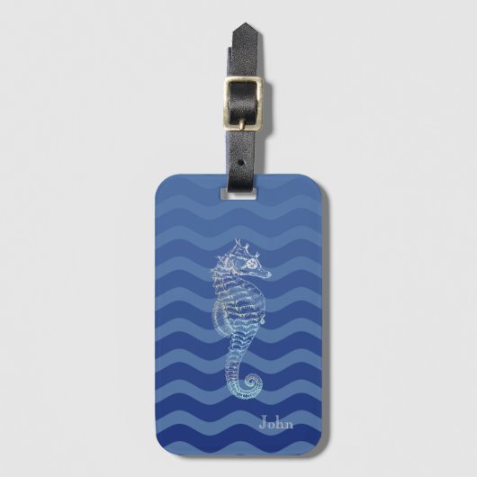 Nautical Navy Blue Stripe Waves Seahorse Bagagelabel (Voorkant (verticaal))
