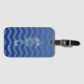 Nautical Navy Blue Stripe Waves Seahorse Bagagelabel (Voorkant (horizontaal))
