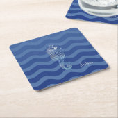 Nautical Navy Blue Stripe Waves Seahorse Kartonnen Onderzetters (Schuin)