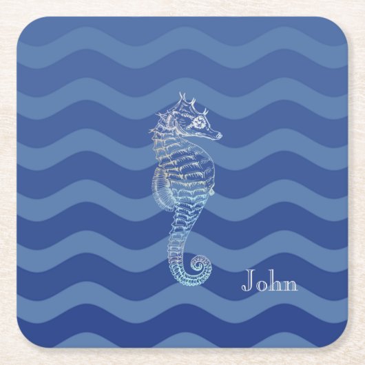Nautical Navy Blue Stripe Waves Seahorse Kartonnen Onderzetters (Voorkant)