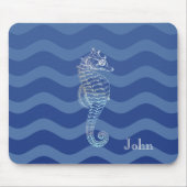 Nautical Navy Blue Stripe Waves Seahorse Muismat (Voorkant)
