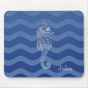 Nautical Navy Blue Stripe Waves Seahorse Muismat