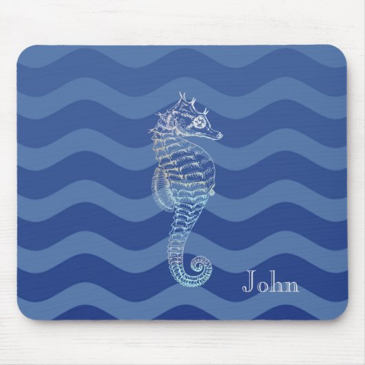 Nautical Navy Blue Stripe Waves Seahorse Muismat (Voorkant)