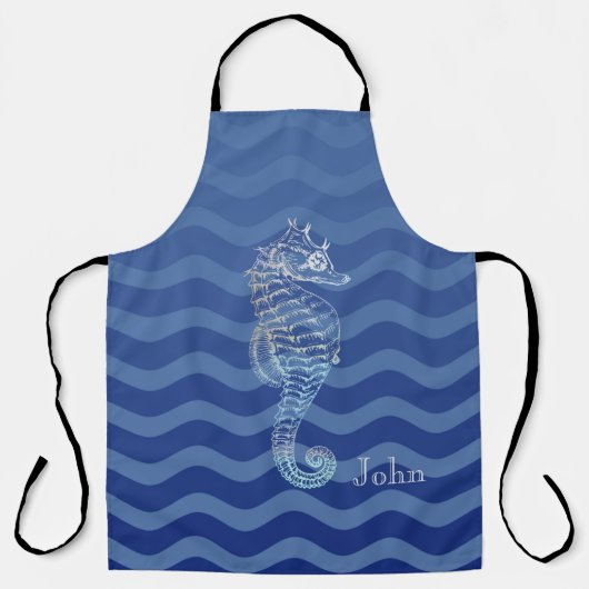 Nautical Navy Blue Stripe Waves Seahorse Schort (Voorkant)