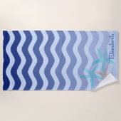 Nautical Navy Blue Stripe Waves Starfish Strandlaken (Voorkant)
