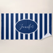 Nautical Navy Blue Striped Add Name Script Strandlaken (Voorkant)