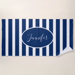 Nautical Navy Blue Striped Add Name Script Strandlaken