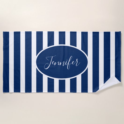 Nautical Navy Blue Striped Add Name Script Strandlaken (Voorkant)