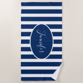 Nautical Navy Blue Striped Add Name Script Strandlaken (Voorkant)
