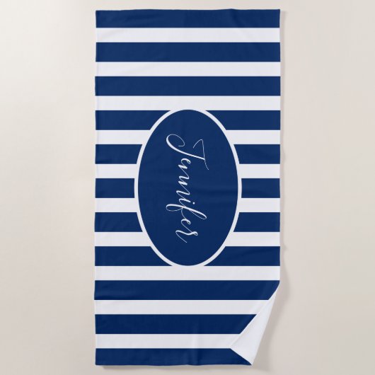 Nautical Navy Blue Striped Add Name Script Strandlaken (Voorkant)
