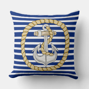 Nautical Navy Blue Striped Anchor 3 Square Pillow Kussen