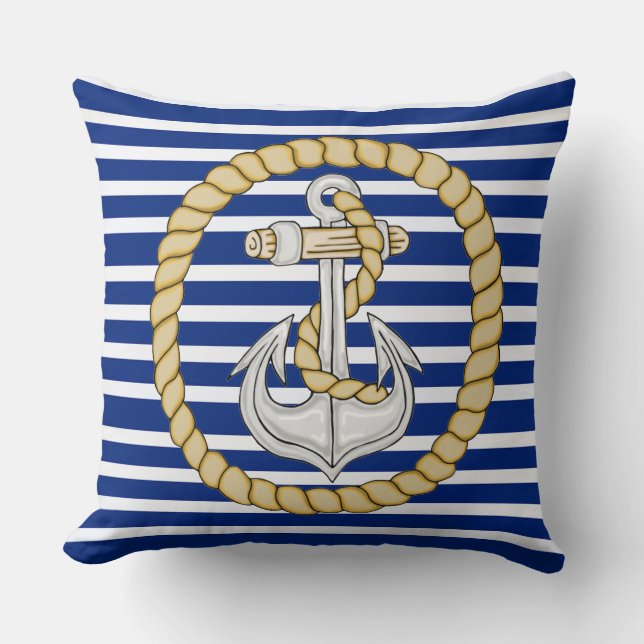 Nautical Navy Blue Striped Anchor 3 Square Pillow Kussen (Voorkant)