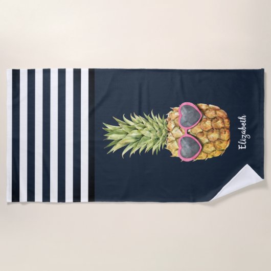 Nautical Navy Blue Striped Cool Pineapple Nautical Strandlaken (Voorkant)