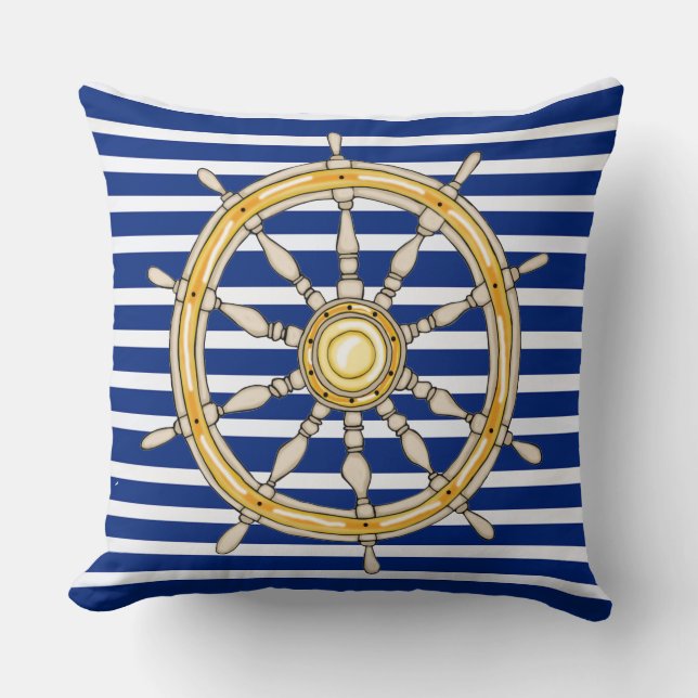 Nautical Navy Blue Striped Shield Wheel 1 Pillow Kussen (Voorkant)