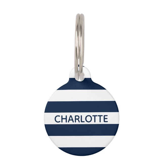 Nautical navy blue stripes aangepaste naam info huisdierpenning (Voorkant)
