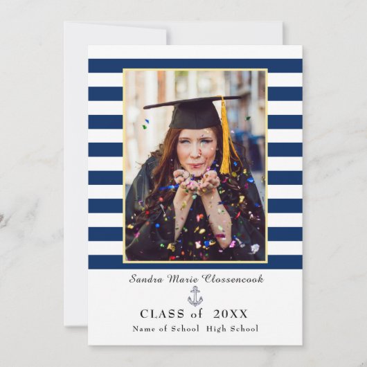Nautical navy blue stripes Afstuderen Aankondiging (Voorkant)
