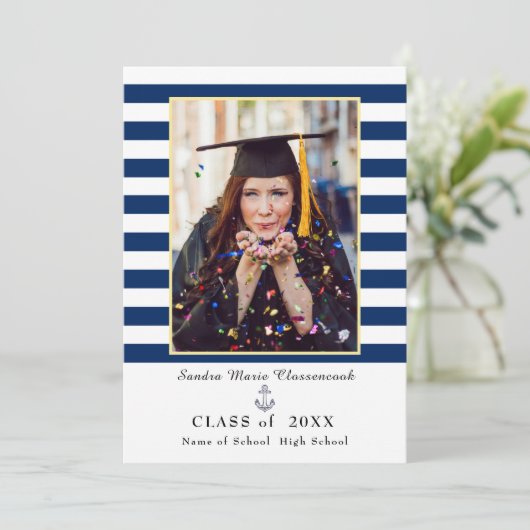 Nautical navy blue stripes Afstuderen Aankondiging (Staand voorkant)