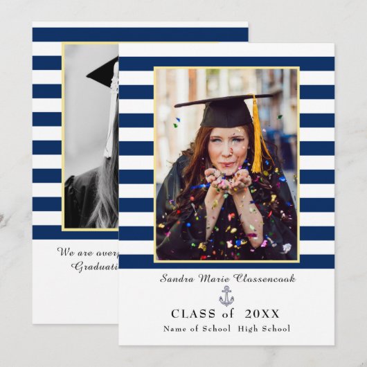 Nautical navy blue stripes Afstuderen Aankondiging (Voorkant / Achterkant)
