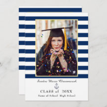 Nautical navy blue stripes Afstuderen Aankondiging