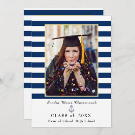 Nautical navy blue stripes Afstuderen Aankondiging
