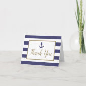 Nautical Navy Blue Stripes Anchor Gold Script Bedankkaart (Voorkant)