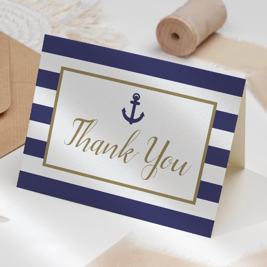 Nautical Navy Blue Stripes Anchor Gold Script Bedankkaart