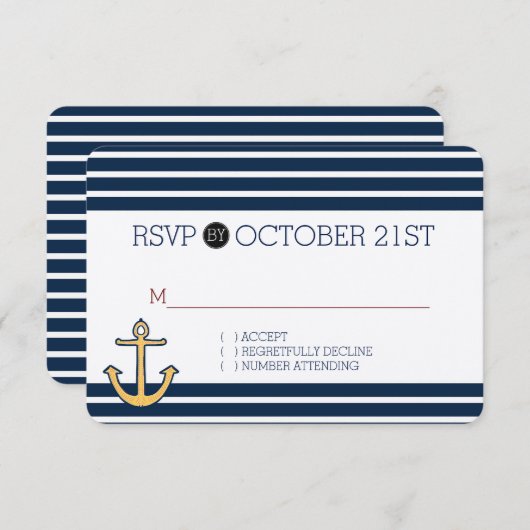 Nautical Navy Blue Stripes Anker RSVP (Voorkant / Achterkant)