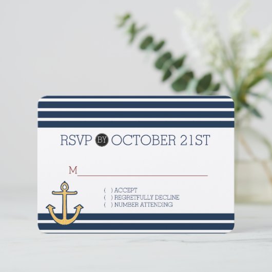 Nautical Navy Blue Stripes Anker RSVP (Staand voorkant)