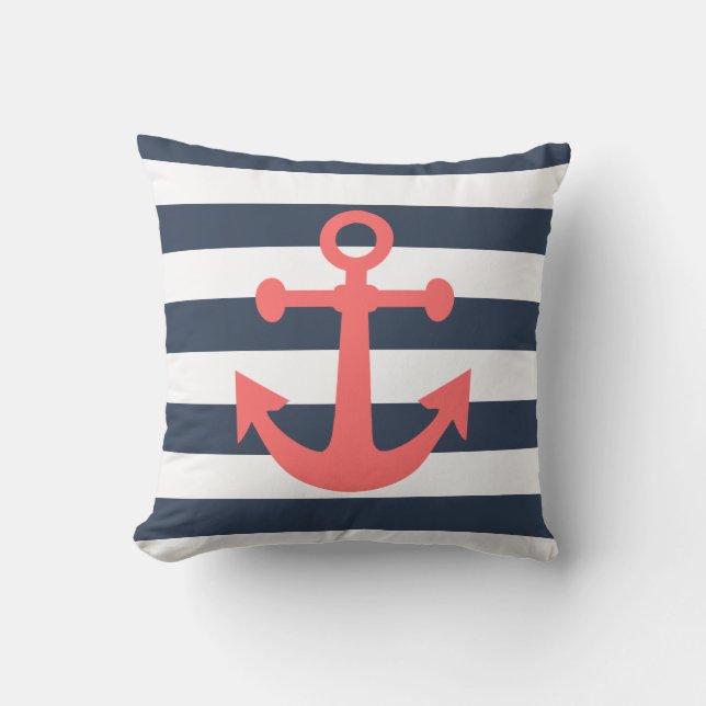 Nautical Navy Blue Stripes Coral Anchor Kussen (Voorkant)