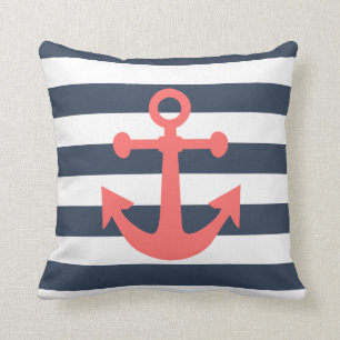 Nautical Navy Blue Stripes Coral Anchor Kussen
