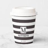 Nautical Navy Blue Stripes Familienaam Monogram Papieren Bekers (Voorkant)