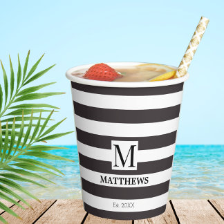 Nautical Navy Blue Stripes Familienaam Monogram Papieren Bekers