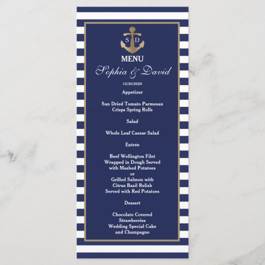 Nautical Navy Blue Stripes Gold Anchor Menu (Voorkant)