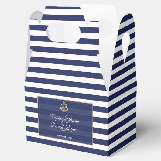 Nautical Navy Blue Stripes Gold Anchor Wedding Bedankdoosjes (Geopend)