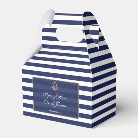 Nautical Navy Blue Stripes Gold Anchor Wedding Bedankdoosjes (Voorkant Zijde)