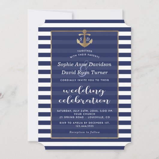 Nautical Navy Blue Stripes Gold Anchor Wedding Kaart (Voorkant)