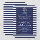 Nautical Navy Blue Stripes Gold Anchor Wedding Kaart (Voorkant / Achterkant)