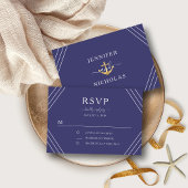Nautical Navy Blue Stripes Gold Anchor Wedding RSVP Kaartje