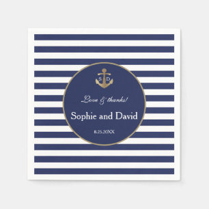 Nautical Navy Blue Stripes Gold Anchor Wedding Servet