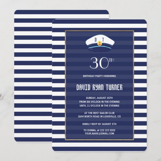 Nautical Navy Blue Stripes Gold Birthday Party Kaart (Voorkant / Achterkant)