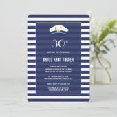 Nautical Navy Blue Stripes Gold Birthday Party Kaart (Staand voorkant)