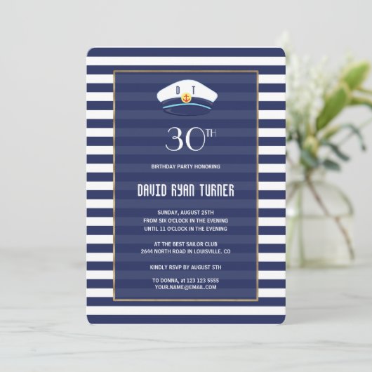 Nautical Navy Blue Stripes Gold Birthday Party Kaart (Staand voorkant)