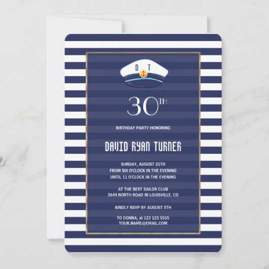 Nautical Navy Blue Stripes Gold Birthday Party Kaart (Voorkant)