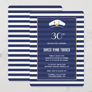 Nautical Navy Blue Stripes Gold Birthday Party Kaart