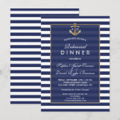 Nautical Navy Blue Stripes Gold REHEARSAL DINNER Kaart (Voorkant / Achterkant)