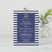 Nautical Navy Blue Stripes Gold REHEARSAL DINNER Kaart (Staand voorkant)
